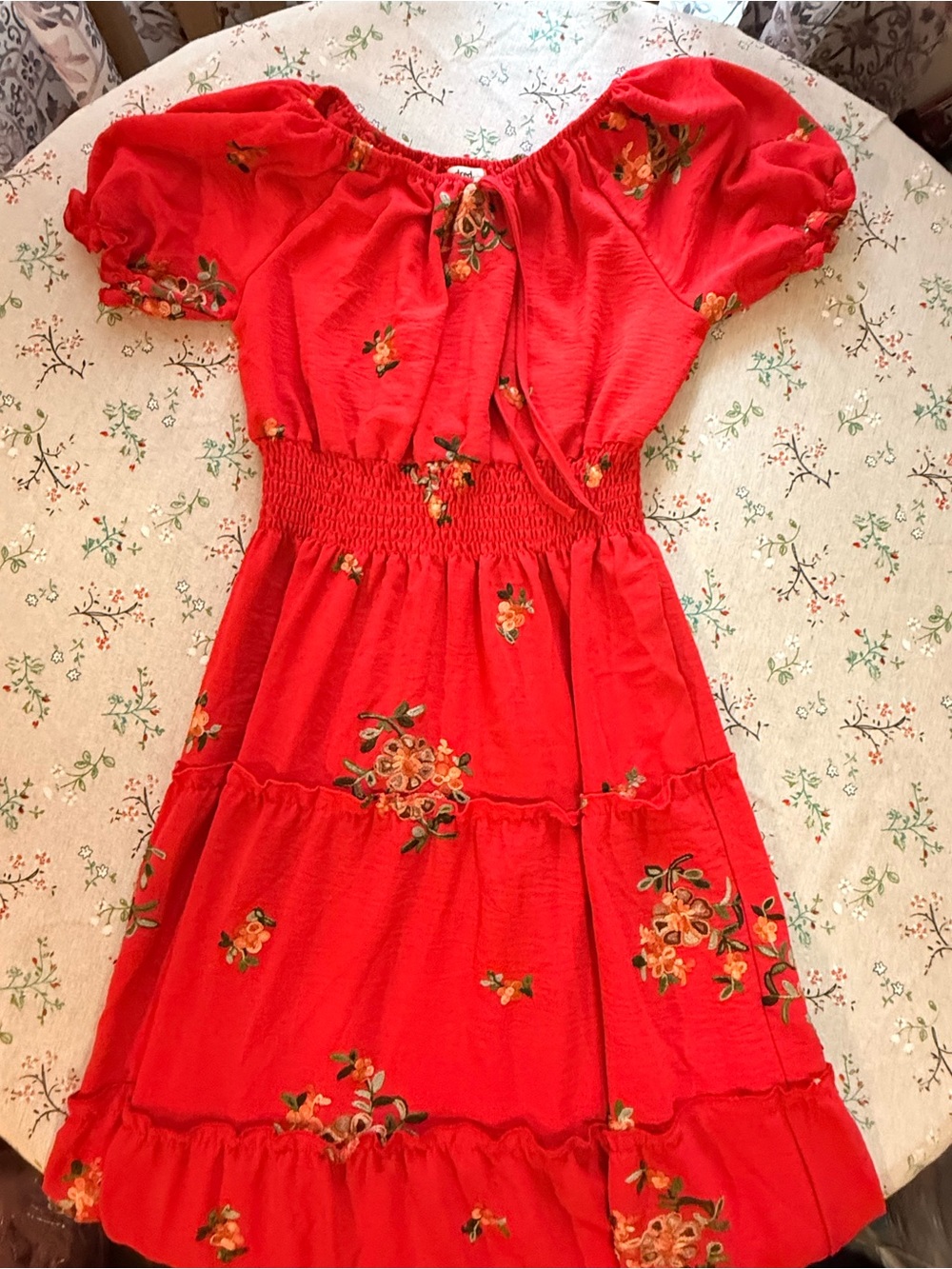 Red Floral Off-Shoulder Maxi Dress with Smocked Waist